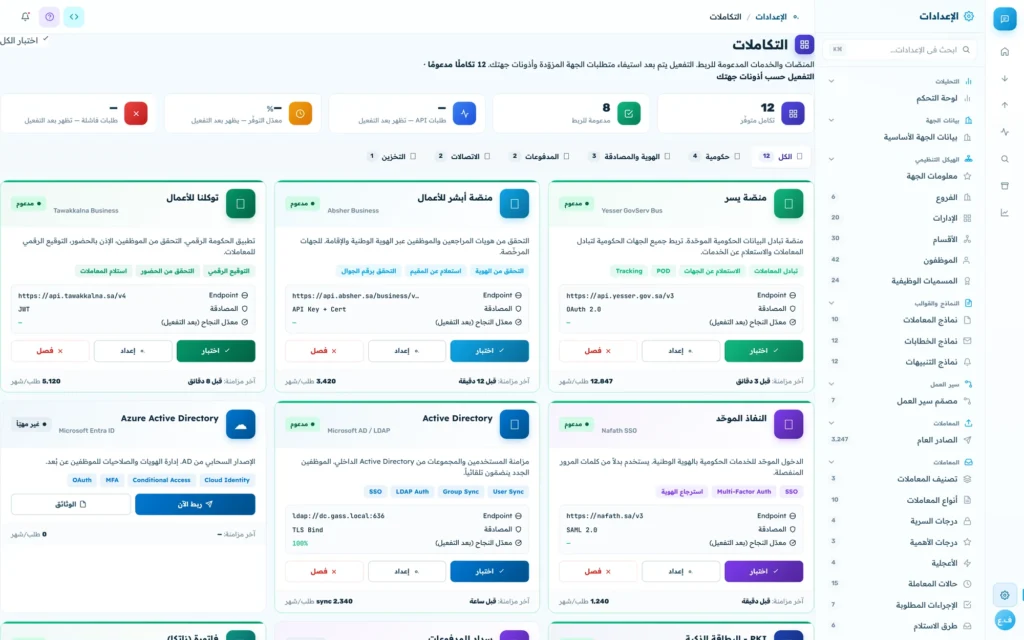 شاشة التكاملات: المنصّات والخدمات المدعومة للربط مع نقاط النهاية وطريقة المصادقة