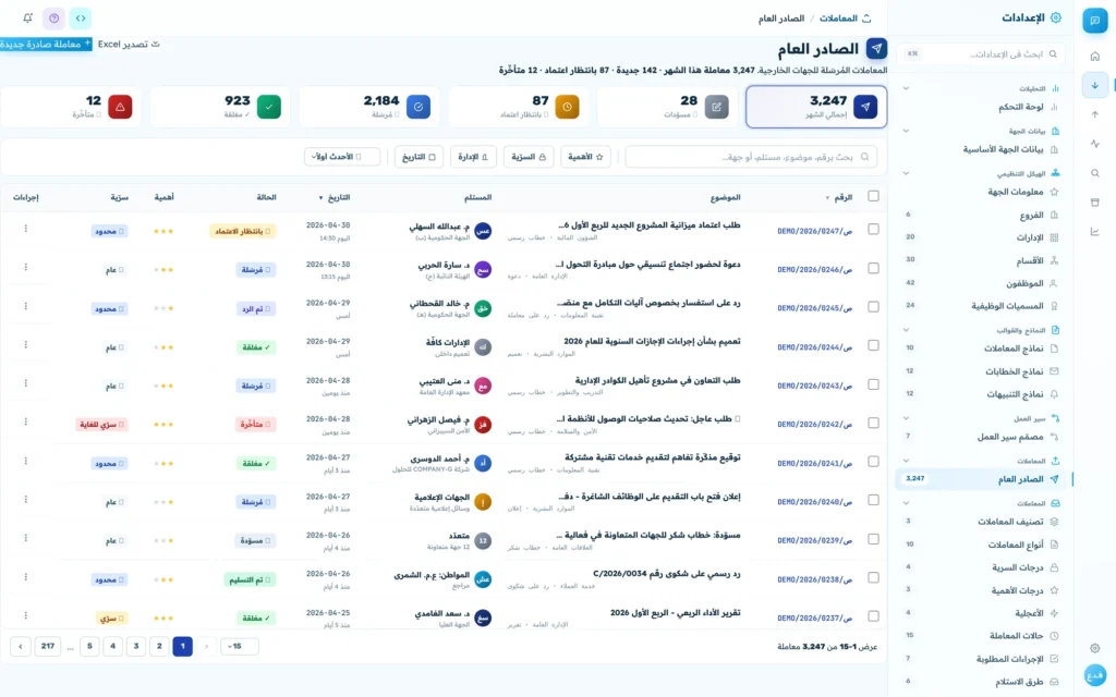 سجل الصادر: قائمة الخطابات الصادرة بأرقامها وتواريخها وجهاتها وحالة تسليمها
